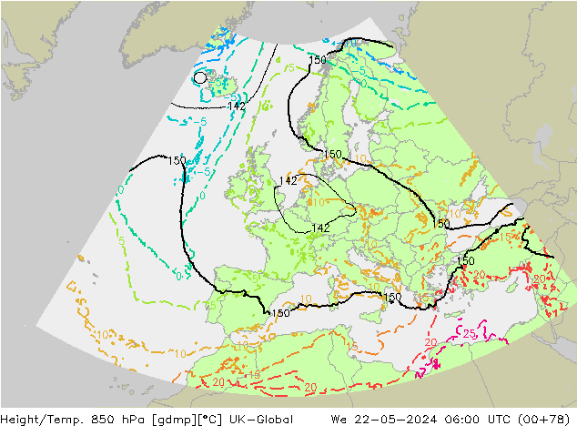 Height/Temp. 850 hPa UK-Global  22.05.2024 06 UTC