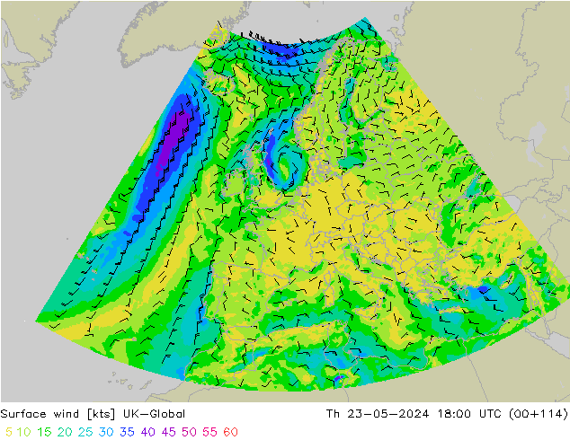 wiatr 10 m UK-Global czw. 23.05.2024 18 UTC
