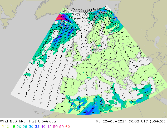 Wind 850 hPa UK-Global Mo 20.05.2024 06 UTC