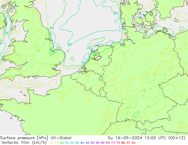 Isotachs (kph) UK-Global Ne 19.05.2024 12 UTC