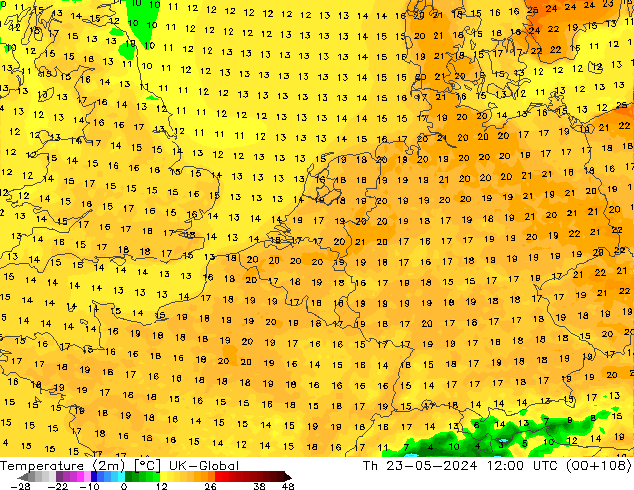 Temperatuurkaart (2m) UK-Global do 23.05.2024 12 UTC