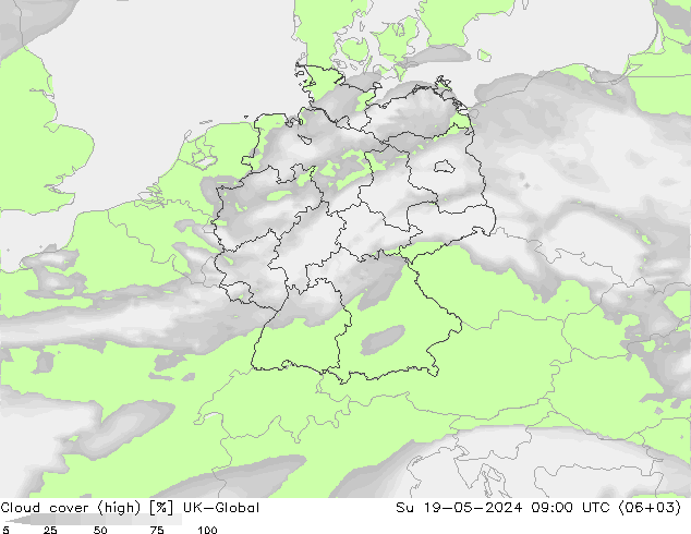 Cloud cover (high) UK-Global Su 19.05.2024 09 UTC