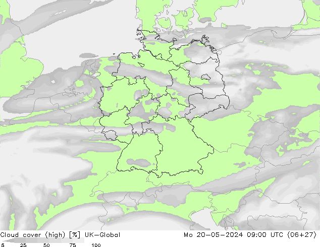 Cloud cover (high) UK-Global Mo 20.05.2024 09 UTC