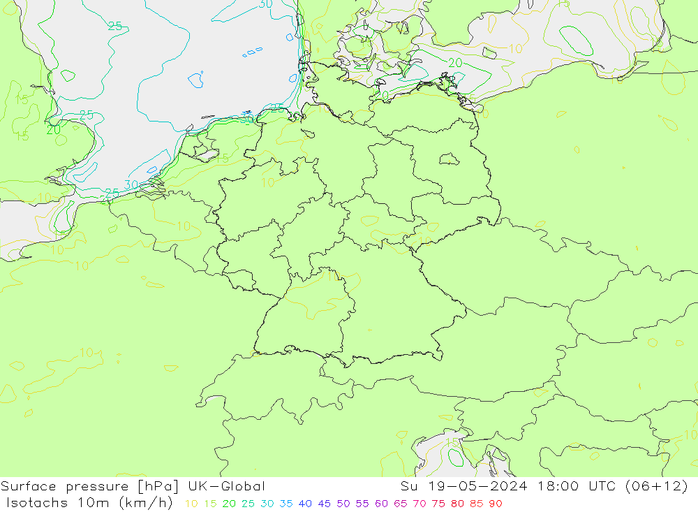 Isotachen (km/h) UK-Global zo 19.05.2024 18 UTC