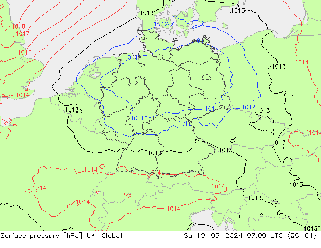 Presión superficial UK-Global dom 19.05.2024 07 UTC