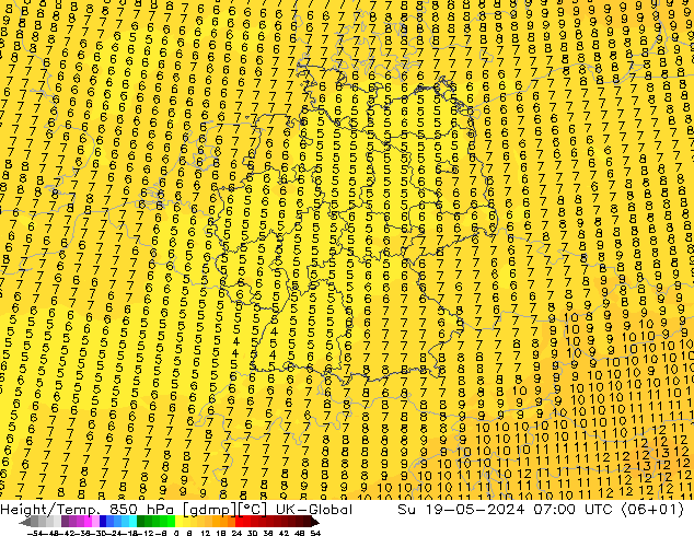 Height/Temp. 850 hPa UK-Global nie. 19.05.2024 07 UTC