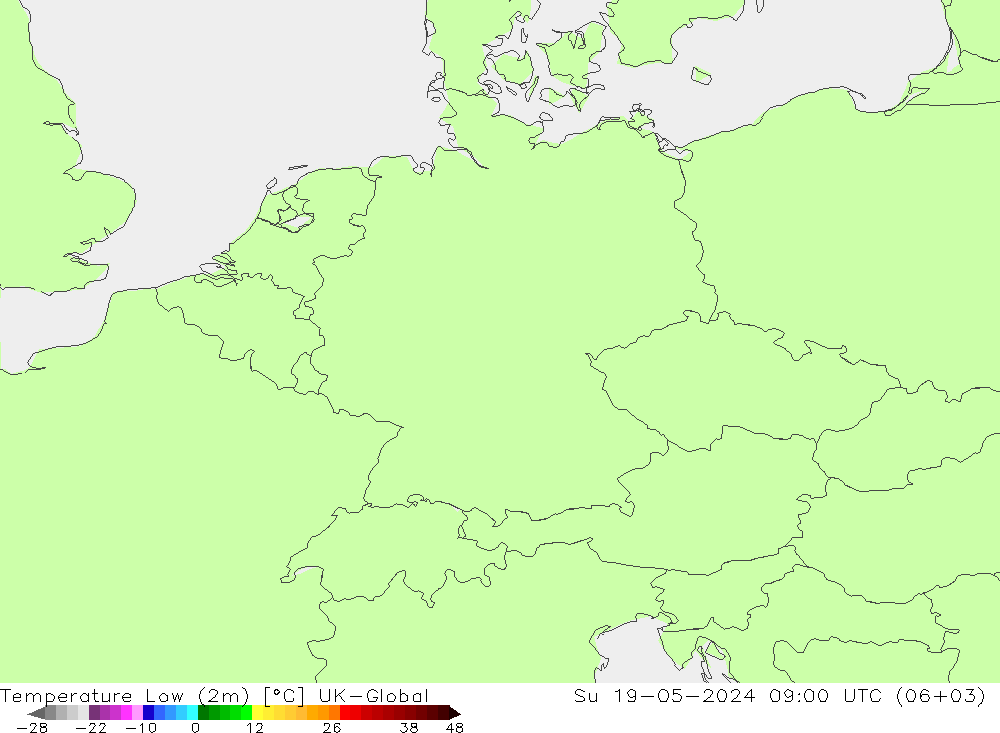 Temperature Low (2m) UK-Global 星期日 19.05.2024 09 UTC