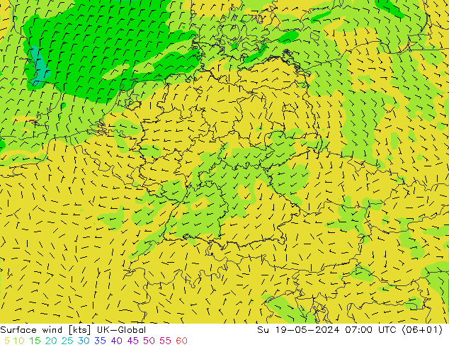 Surface wind UK-Global Su 19.05.2024 07 UTC