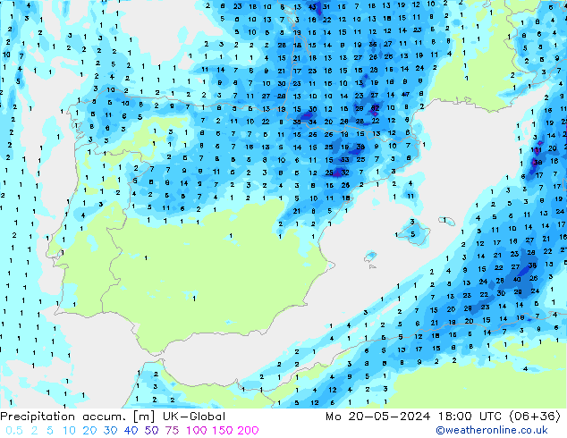 Precipitation accum. UK-Global пн 20.05.2024 18 UTC