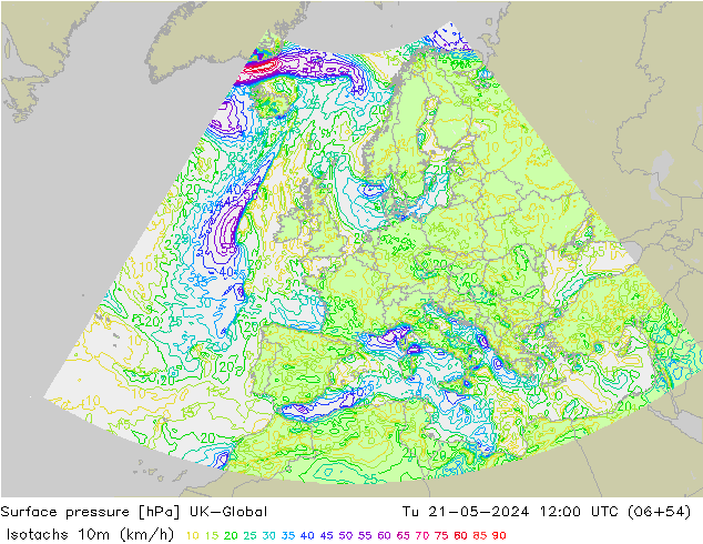 Eşrüzgar Hızları (km/sa) UK-Global Sa 21.05.2024 12 UTC