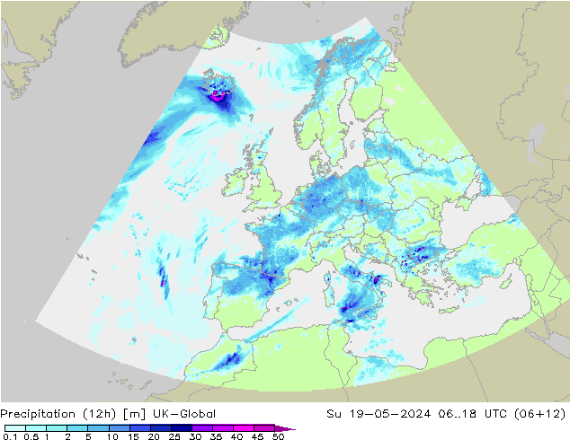 降水量 (12h) UK-Global 星期日 19.05.2024 18 UTC