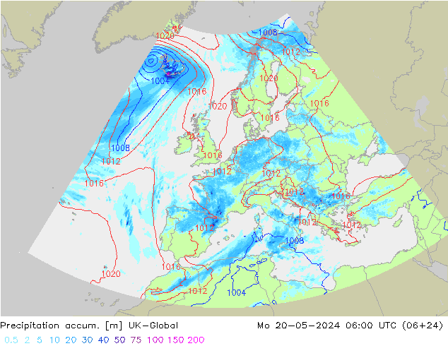 Precipitation accum. UK-Global 星期一 20.05.2024 06 UTC