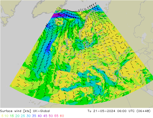Surface wind UK-Global Út 21.05.2024 06 UTC