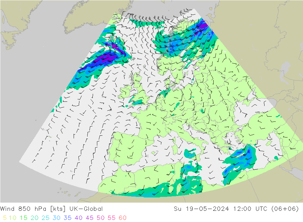 Wind 850 hPa UK-Global zo 19.05.2024 12 UTC