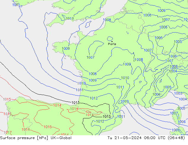 Surface pressure UK-Global Tu 21.05.2024 06 UTC