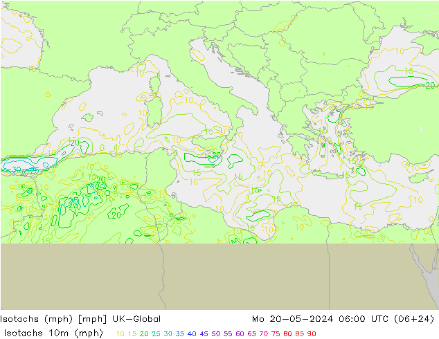 Isotachen (mph) UK-Global ma 20.05.2024 06 UTC