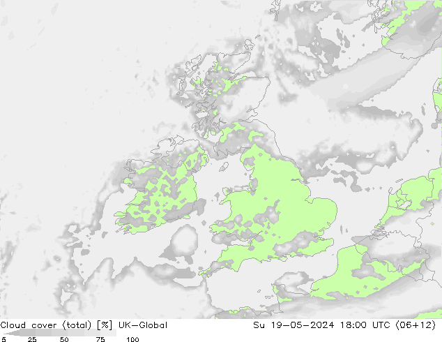 Cloud cover (total) UK-Global Su 19.05.2024 18 UTC