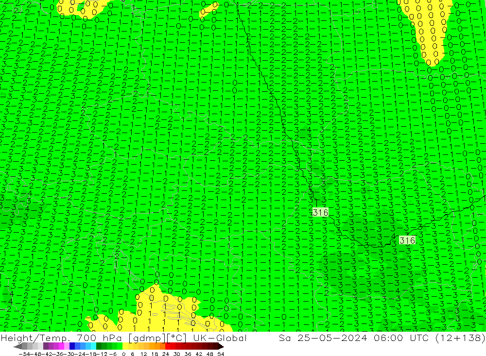 Height/Temp. 700 hPa UK-Global Sáb 25.05.2024 06 UTC