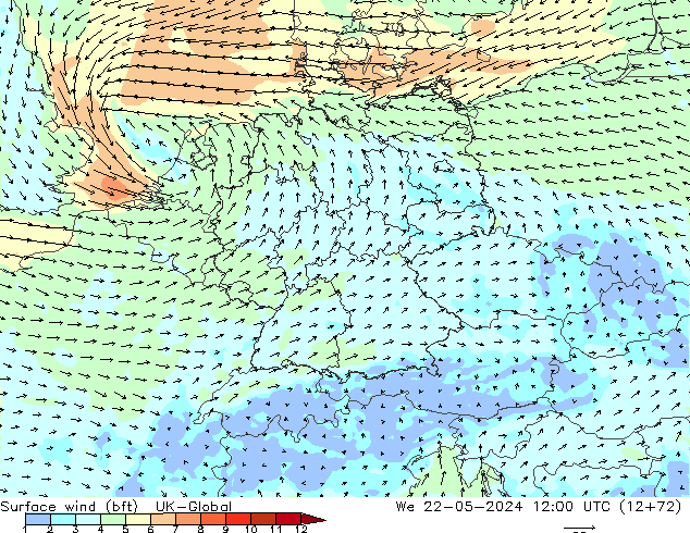 Surface wind (bft) UK-Global We 22.05.2024 12 UTC