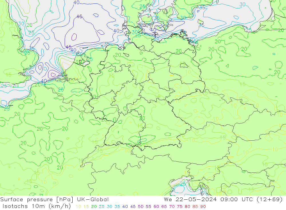 Isotachs (kph) UK-Global mer 22.05.2024 09 UTC