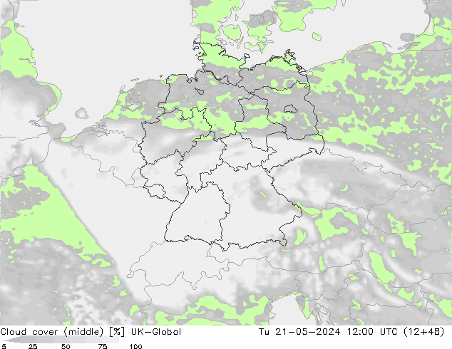Cloud cover (middle) UK-Global Tu 21.05.2024 12 UTC