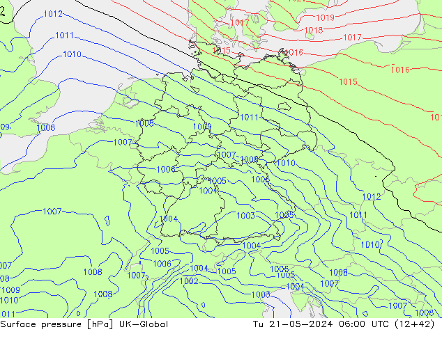 Surface pressure UK-Global Tu 21.05.2024 06 UTC