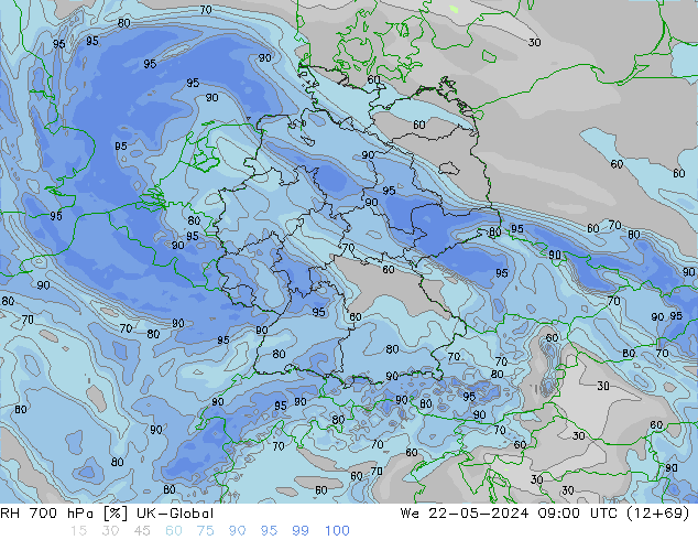 Humidité rel. 700 hPa UK-Global mer 22.05.2024 09 UTC