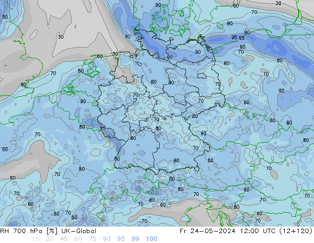 Humedad rel. 700hPa UK-Global vie 24.05.2024 12 UTC