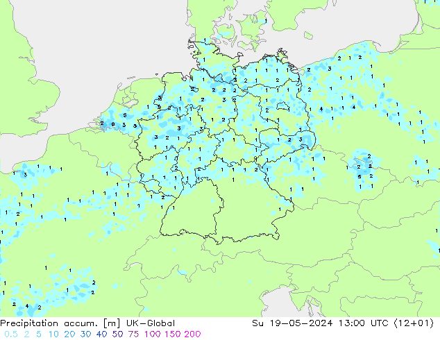 Precipitation accum. UK-Global dom 19.05.2024 13 UTC