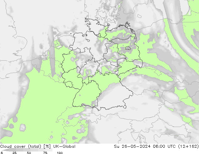 Cloud cover (total) UK-Global Su 26.05.2024 06 UTC