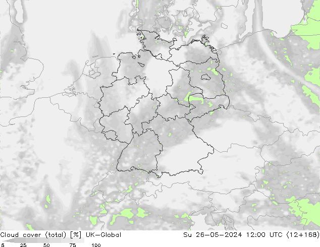 Bewolking (Totaal) UK-Global zo 26.05.2024 12 UTC