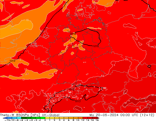Theta-W 850hPa UK-Global 星期一 20.05.2024 00 UTC