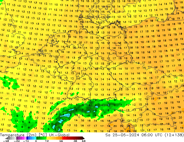 mapa temperatury (2m) UK-Global so. 25.05.2024 06 UTC