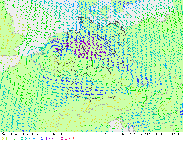 Wind 850 hPa UK-Global wo 22.05.2024 00 UTC