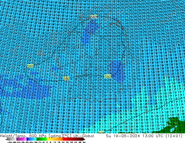 Hoogte/Temp. 500 hPa UK-Global zo 19.05.2024 13 UTC