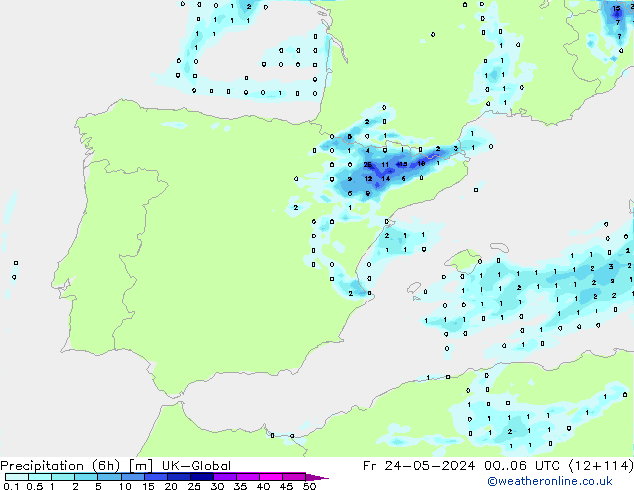 Precipitación (6h) UK-Global vie 24.05.2024 06 UTC