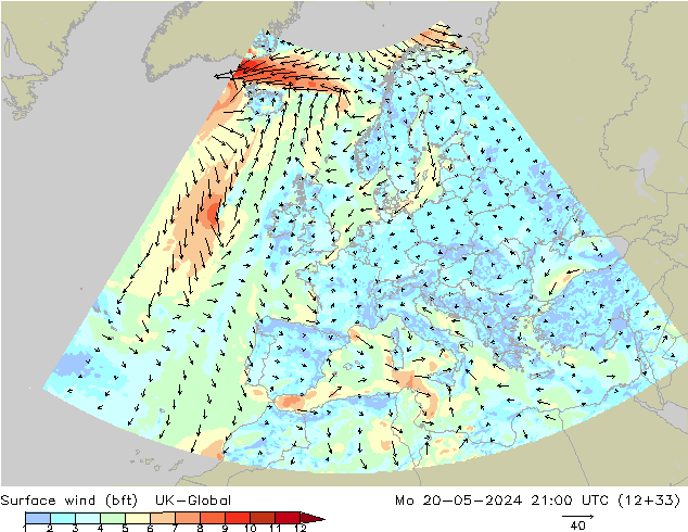 wiatr 10 m (bft) UK-Global pon. 20.05.2024 21 UTC
