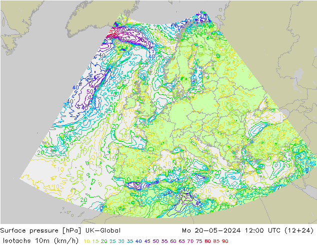 10米等风速线 (kph) UK-Global 星期一 20.05.2024 12 UTC