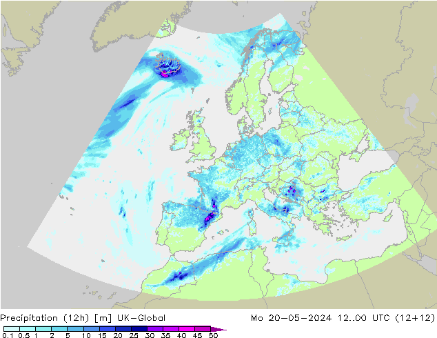 降水量 (12h) UK-Global 星期一 20.05.2024 00 UTC