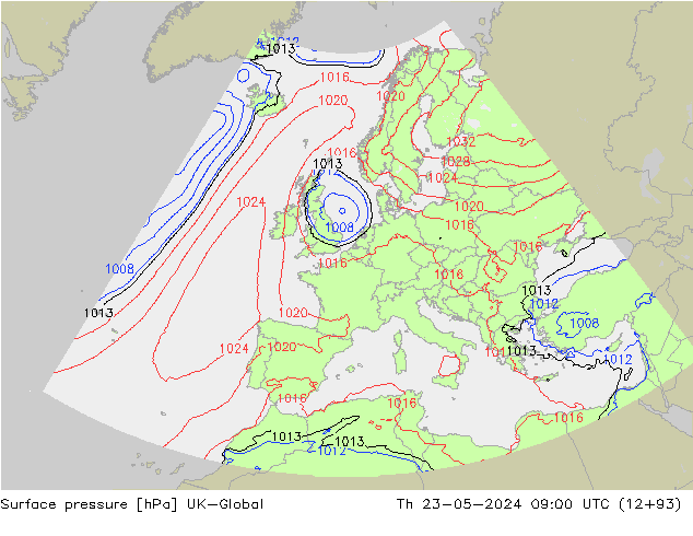 Surface pressure UK-Global Th 23.05.2024 09 UTC