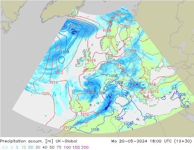 Precipitation accum. UK-Global Mo 20.05.2024 18 UTC