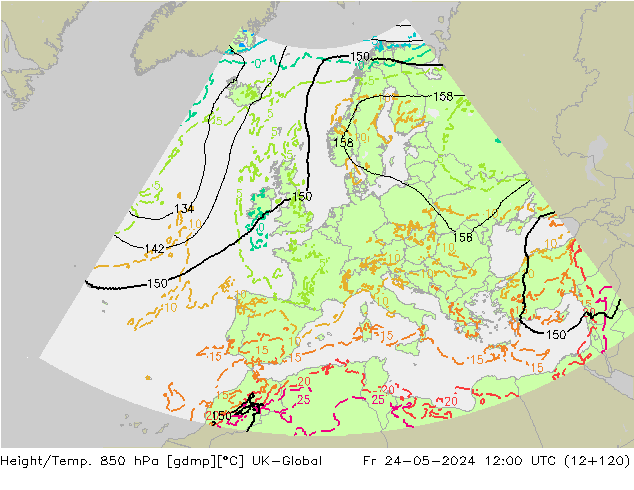Hoogte/Temp. 850 hPa UK-Global vr 24.05.2024 12 UTC