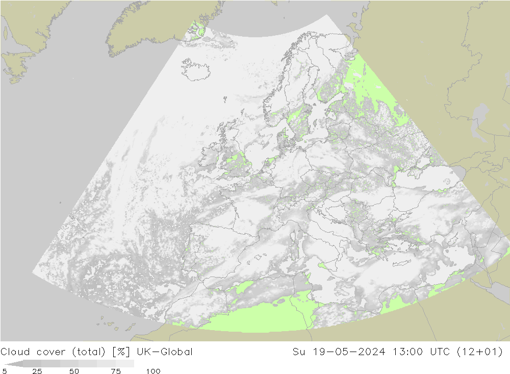 Cloud cover (total) UK-Global Su 19.05.2024 13 UTC