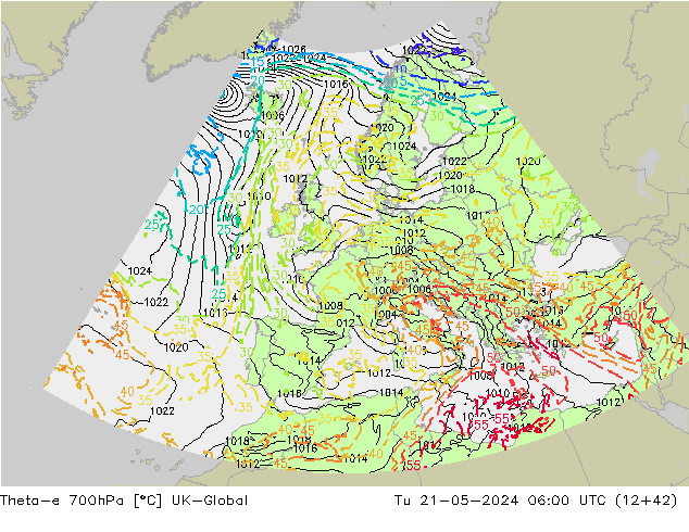 Theta-e 700hPa UK-Global di 21.05.2024 06 UTC