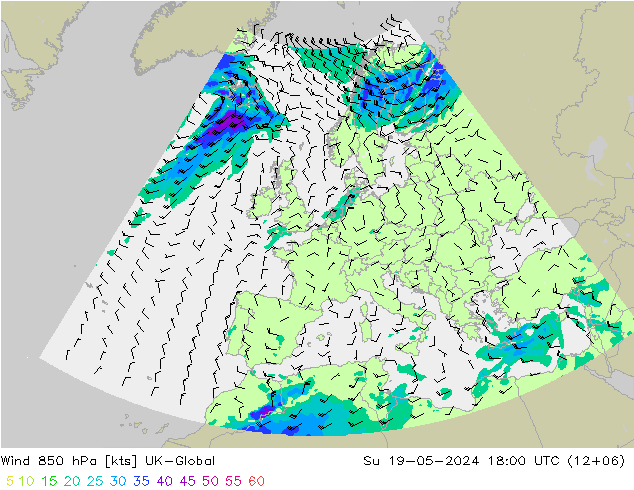 风 850 hPa UK-Global 星期日 19.05.2024 18 UTC