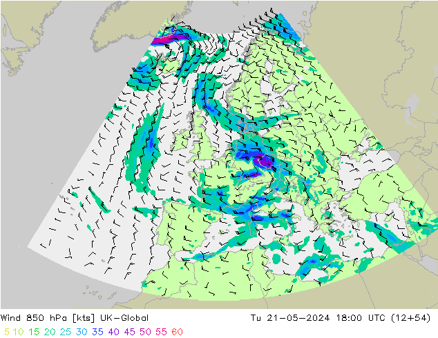 wiatr 850 hPa UK-Global wto. 21.05.2024 18 UTC