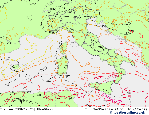 Theta-e 700hPa UK-Global dim 19.05.2024 21 UTC