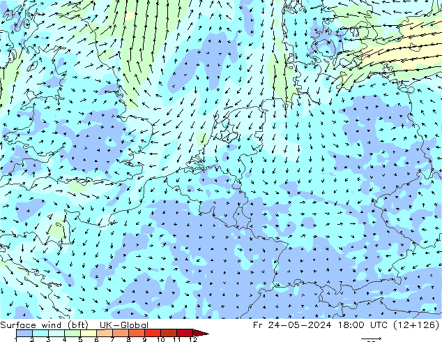 Surface wind (bft) UK-Global Pá 24.05.2024 18 UTC