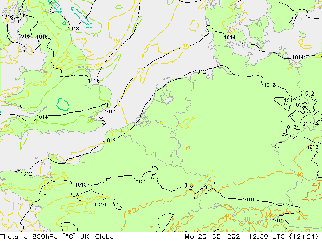 Theta-e 850hPa UK-Global 星期一 20.05.2024 12 UTC