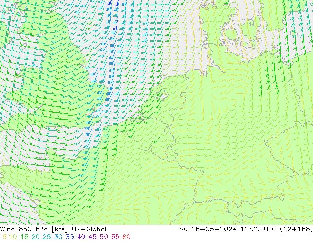 Wind 850 hPa UK-Global Su 26.05.2024 12 UTC